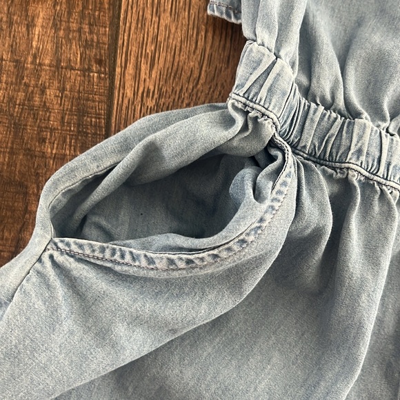 Express Denim Ruffle Off Shoulder Open Back Romper - Picture 4 of 7